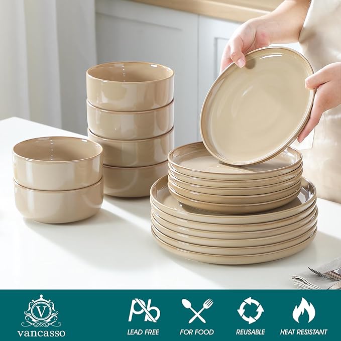 vancasso PLAYA Ceramic Plates and Bowls Sets 18 Pieces Brown Dinnerware Sets for Kitchen Reactive Glaze Dishes Set for 6 Dishwasher and Microwave Safe
