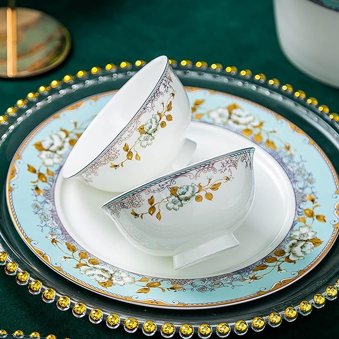 18 Piece Bone China Dinnerware Set for 4 People Handmade Flower Ceramics Dinner Sets Plates and Bowls Sets for 4 Gift for Porcelain Tableware Set Oven Microwave &amp