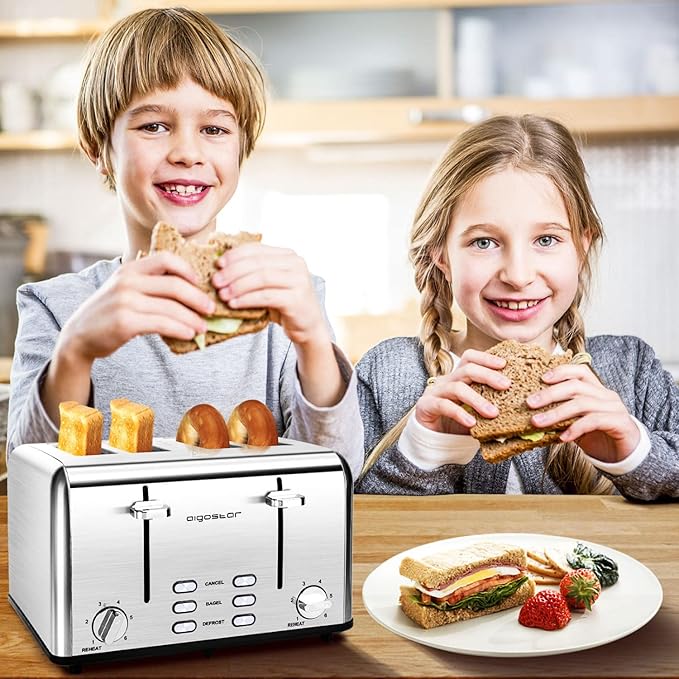 Aigostar Sandwich Maker Non-Stick Panini Press Sandwich Maker Breakfast Grilled Cheese Maker Stainless Steel Tostadora de Pan Toaster 4 Slice Wide Slot Toasters with Bagel Reheat Cancel