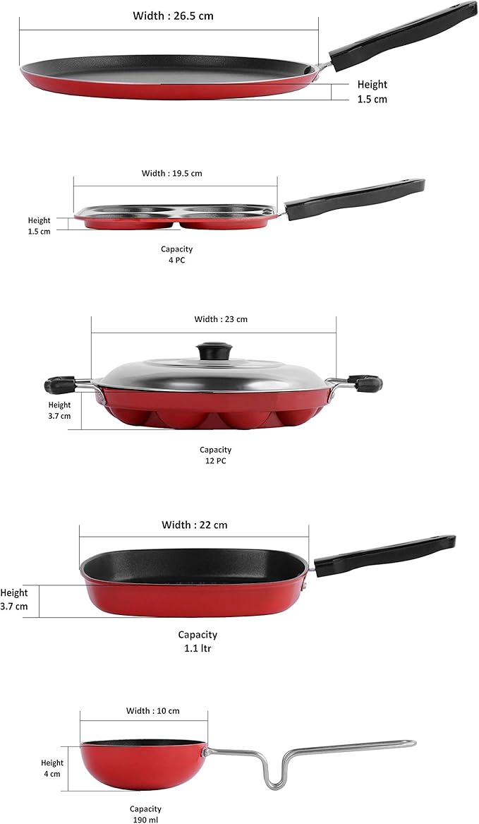 Sumeet 2.6mm Thick Non-Stick Beet Cookware set (Dosa Tawa – 26.5cm Dia + Multi snack maker – 26.5cm Dia + Grill Pan – 1.1Ltr + Grill Appam Patra With Lid – 23cm Dia + Tadka Pan – 10cm Dia)