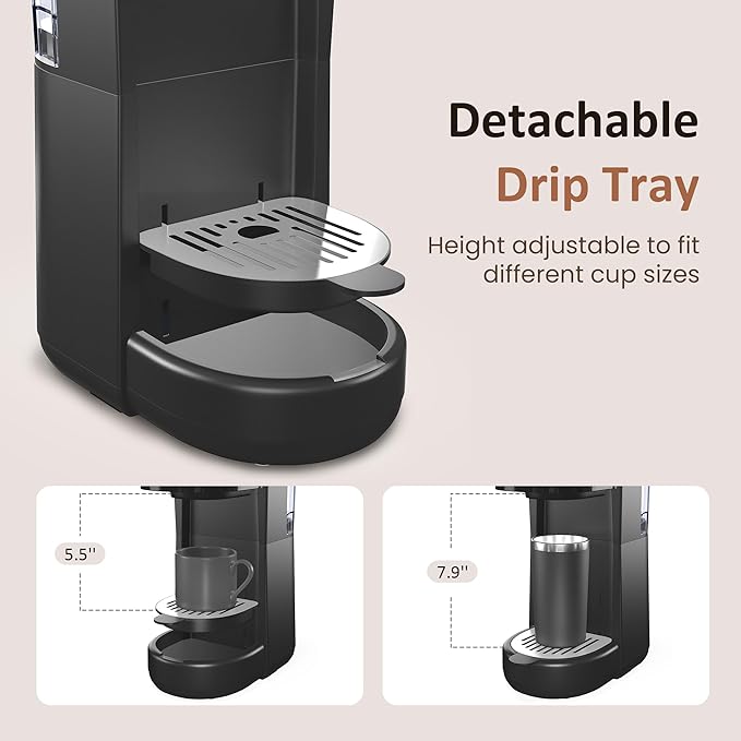 SUNVIVI 3-in-1 Single Serve Coffee MachineBrewer for K-Cup Pods Ground Coffee and Teas Brew Sizes 8 to 14oz 30oz Removable Water Reservoir 2 Cup Trays Self-Cleaning Function - Black