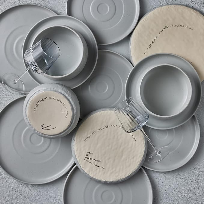 Stone by Mercer Project SHOSAI 32-Piece Stoneware Dinnerware Set Plates and Bowls Set Modern Dishware set fo 8 Grey Speckled