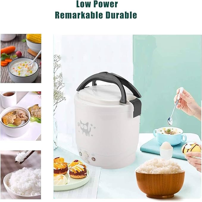 Mini Rice Cooker 1L 12v Portable Rice Maker Electric Lunch Box for Car Food Steamer Fast Cooking Automatic Non Stick Pot for Travel Camping Cooking Soup Grain Oatmeal Veggie Stews(White)