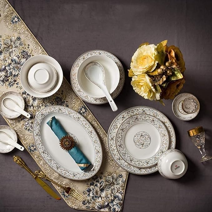 Dinnerware Set Ceramics Dinnerware Set with 50-PieceBowl/Stockpot/Dish/Spoon|Bone China Dinner Sets Rim Porcelain Combination Set Plates
