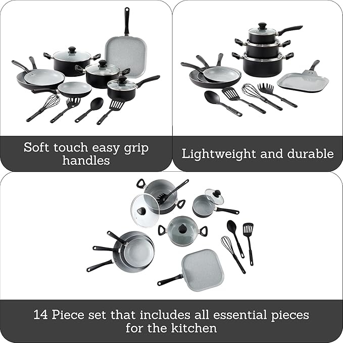 IMUSA Nonstick Ceramic Cookware Set 14-Piece with Soft-Touch Handles Aluminum Black