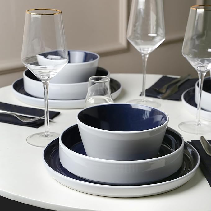 Stone Lain Elica 12-Piece Modern Dinnerware Set Stoneware Plates and Bowl Sets for 4 Navy and White