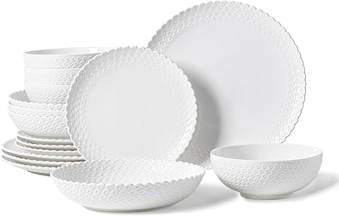 16 Piece Dinnerware Sets with Dishes Bowls and Plates Porcelain Dinner Set for 4 White Glossy Round All Occasions