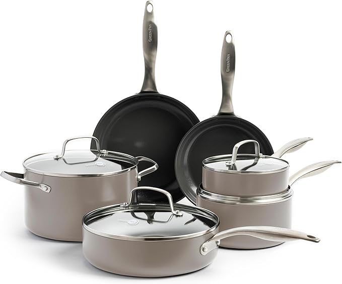 GreenPan Canterbury 10 Piece Cookware Pot and Pans Set Hard Anodized PFAS-Free Healthy Ceramic Nonstick Stainless Steel Handles Versatile Cooking Essentials Dishwasher &amp Oven Safe Clay