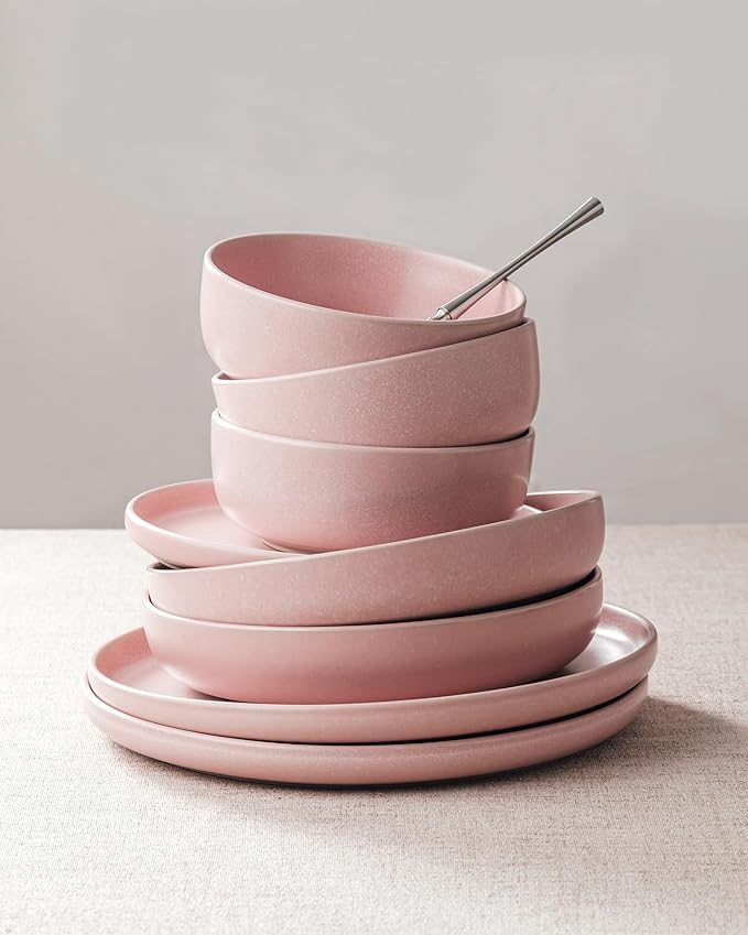 Famiware Milkyway Plates and Bowls Sets 12 Pieces Dinnerware Sets Reactive Glaze Dish Set Stoneware Dishes Set for 4 Light Pink