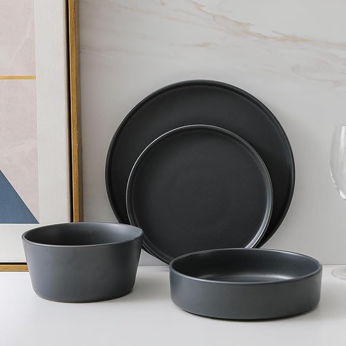 Stone Lain Celina Stoneware 32-Piece Dinnerware Set Cereal and Dinner Bowls Grey