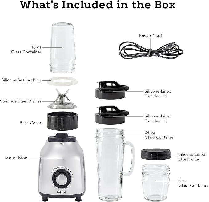 Tribest PBG-5050-A Portable Blender for Shakes and Smoothies with Glass Blender Cups Chrome