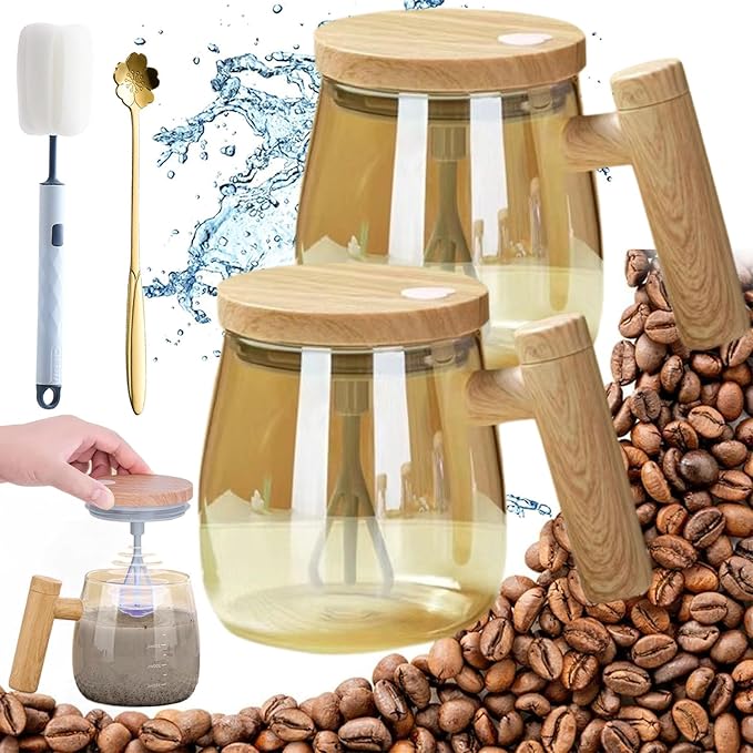 Electric High Speed Mixing Cup 13.5oz 7000 RPM Self Stirring Coffee Mug Heat-Protection Glass Coffee Blender with Lid 45 dB for Office/Travel/Home (Gold x 2)