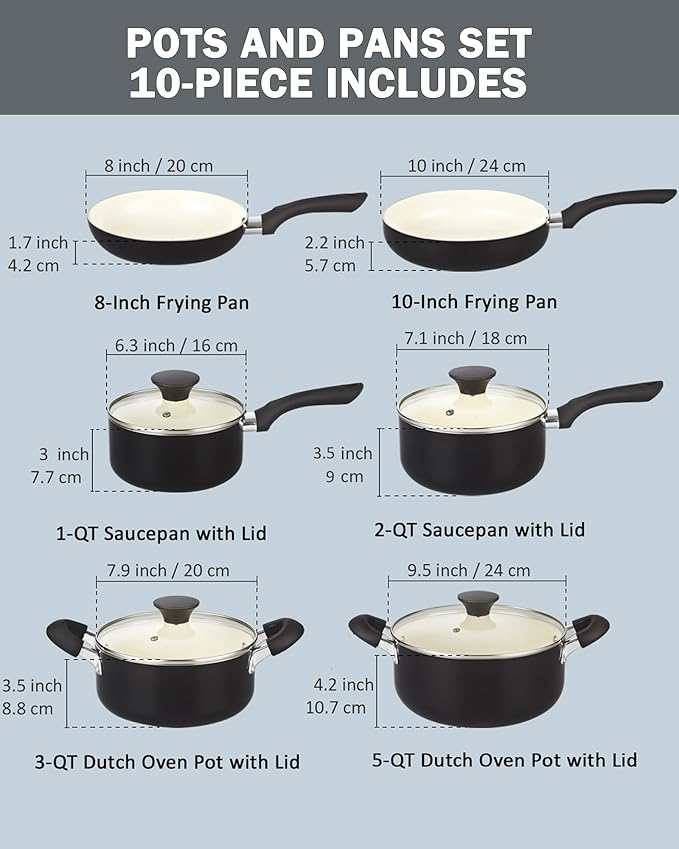 Cook N Home Pots And Pans Set Nonstick 10 Piece Ceramic Cookware Sets Kitchen Non Stick Cooking Set With Saucepans Frying Pans Dutch Oven Pot With Lids Black