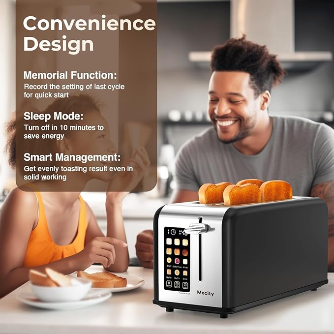 Mecity 4 Slice Toaster with Touchscreen Long Slot Stainless Steel Smart Bread Toaster for Bagel Muffin Waffle Gluten Free Breads Timer Defrost Reheat 120V 1400W