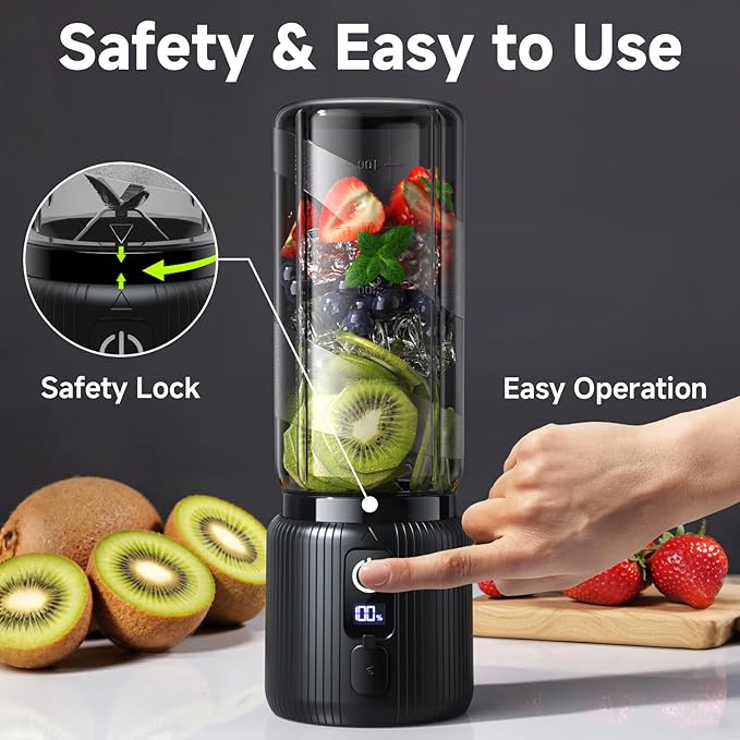 COKUNST Portable Blender Small Smoothie &amp Shake Maker with 8 Blades Compact Personal Blender with LED Display USB C Rechargeable Juice Mixer with Extra Lid for Travel Gym Home 17oz Black