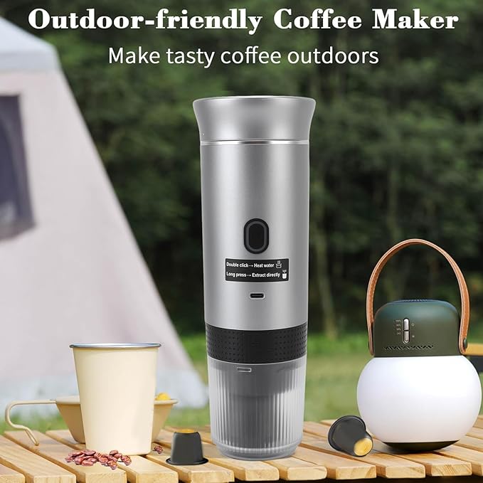 AUNMAS Portable Electric Coffee Maker 120ml Lightweight Compact 304 Stainless Steel Automatic Heating Travel Coffee Machine with 7500mAh Battery for Camping Hiking Office Home
