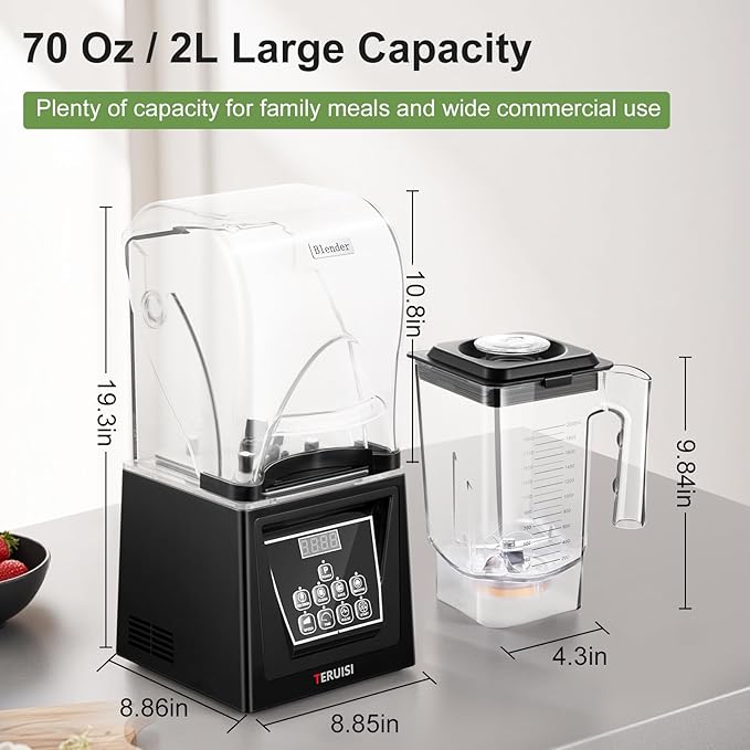 Commercial Blender 2200W 2.95 HP Professional Blender with Quiet PC Sound Enclosure 70 Oz / 2L Large Heavy Duty Blenders with 9 Speeds Timer Self-Cleaning 5 Presets For Shake and Smoothie