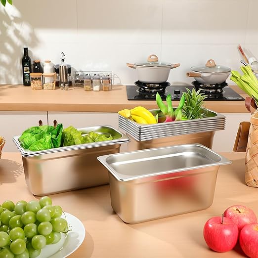 10 Pack Hotel Pans Stainless Steel Steam Table Pan 1/3 Size 0.8 mm Thick Anti Jam Warming Pans for Food Warmer Restaurant Catering Supplies 12.8 x 6.9 Inch(6 Inch DeepEuropean)