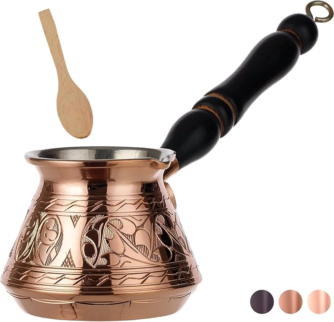 DEMMEX Thickest Copper Turkish Greek Arabic Coffee Pot Stovetop Coffee Maker Cezve Ibrik Briki with Wooden Handle &amp Spoon Hand Engraved