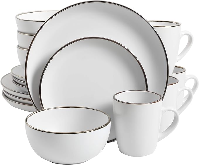 Gibson Home Rockaway Round Stoneware Dinnerware Set Service for 4 (16pcs) Matte White/Metallic Rim