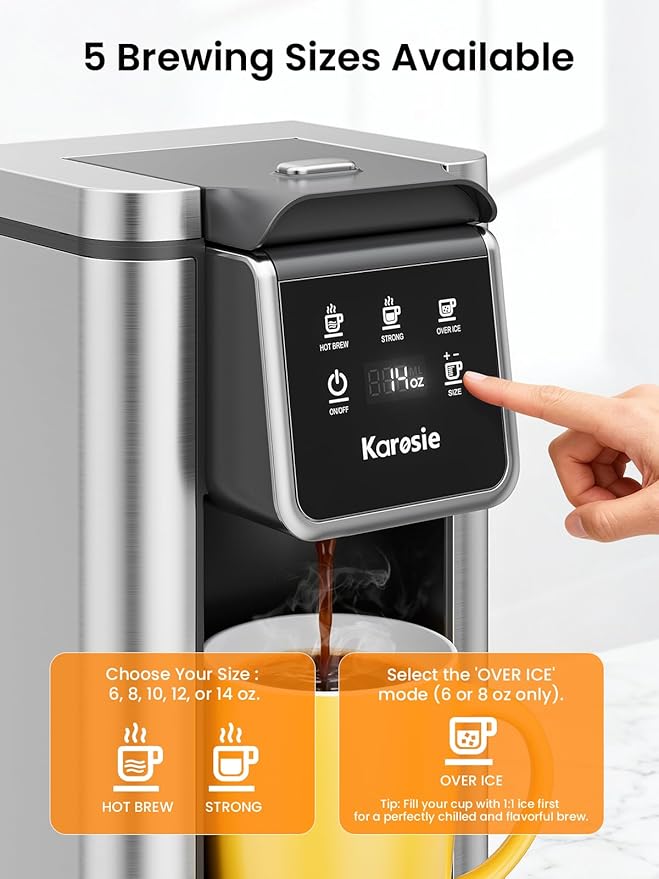 K Cup Coffee Maker Hot &amp Iced Coffee Maker for K Cup and Grounds 6-14 Oz Brew Sizes 50oz Removable Tank Single Cup Coffee Maker with Descaling Reminder Stainless Steel Black