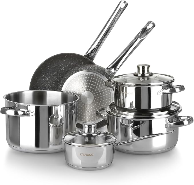 Grand Family 9Pcs Cookware set Stainless steel pots Nonstick aluminum frying pans PFOA-free Induction safe Oven-safe up to 356°F