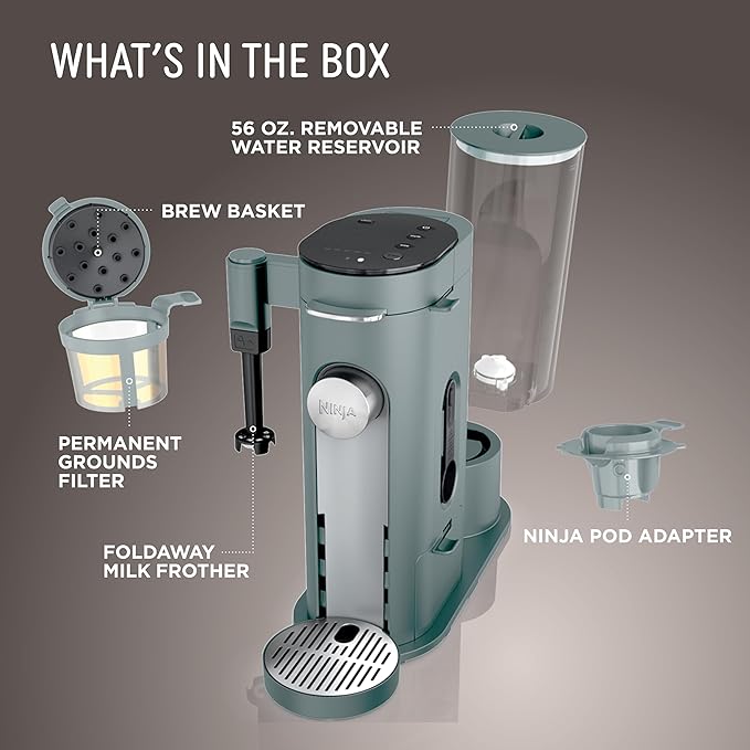 Ninja Pods &amp Grounds Specialty Single-Serve Coffee Maker K-Cup Pod Compatible Built-In Milk Frother 6-oz. Cup to 24-oz. Travel Mug Sizes Iced Coffee Maker 1550 watts Sage Green PB051SG