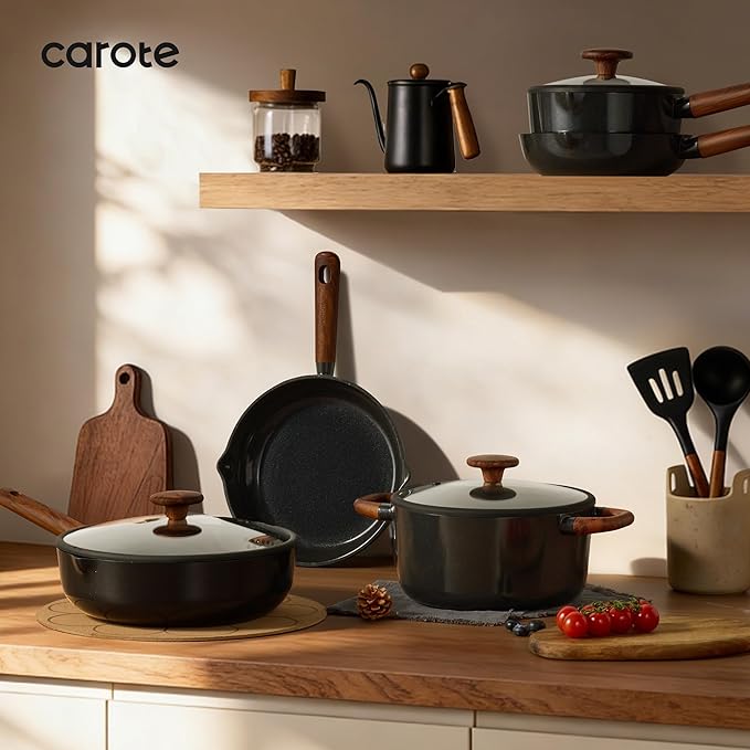 CAROTE ceramic cookware setnonstick pots and pans14PCS Non Toxic Healthy Non Stick Kitchen Cooking Pots and Frying Pans Set PFAS PTFE Free