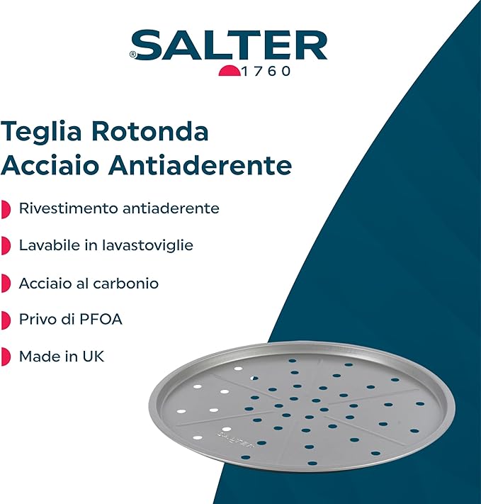 Salter Essentials Pizza Tray – Non-Stick Coating Round Baking Tray Dishwasher Safe Easy to Clean Made in The UK Durable Carbon Steel Garlic Bread Lightweight Oven Sheet PFOA-Free BW13671