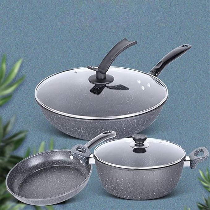 Cookware Cooking Pots 3pcs Cookware Set Soup Pot Wok with Lid Frying Pan Medical Stone Wrought Iron Non-Stick Cooking Pot Set Kitchen Kitchen Saucepan Set