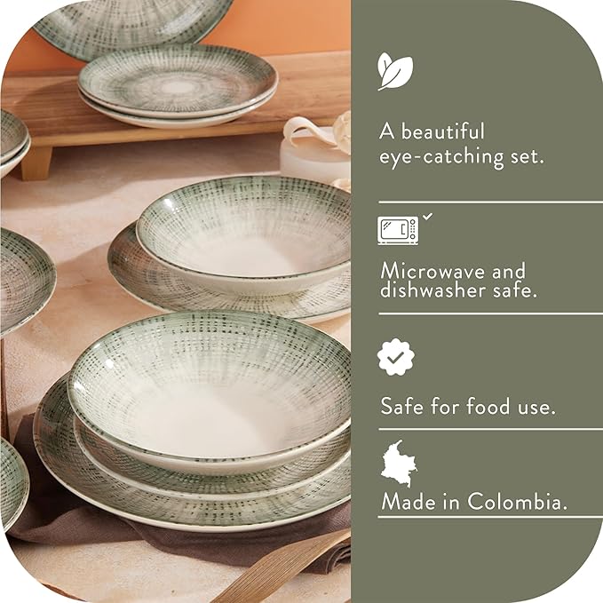 Corona 12-Piece Textured Modern Textured Finish Ceramic Dinnerware Sets Plates and Bowls Service For 4 Microwave and Dishwasher Safe Elara
