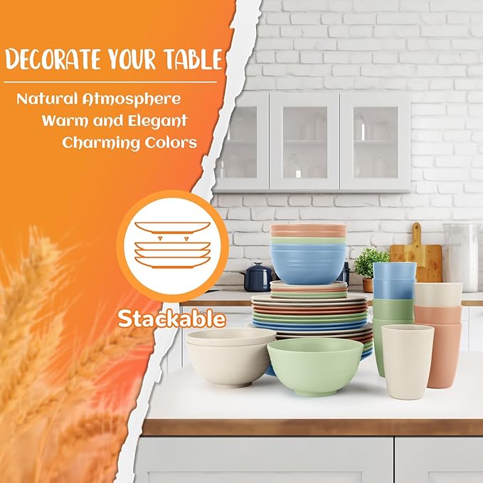 40 PCS Wheat Straw Dinnerware Sets Unbreakable Dishes Set for 8 Plastic Plates and Bowls Sets with Cups Dishwasher &amp Microwave Safe - Colorful