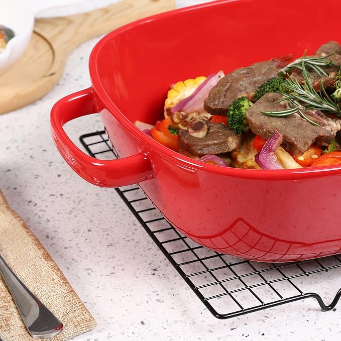 6 Quart Large Rectangular Baking Dish 16x11 Inches Ceramic Baking Pan Casserole Dish for CookingKitchen and Daily Use Safe for Oven Microwave Refrigerator Disinfection Cabinet and DishwasherRed