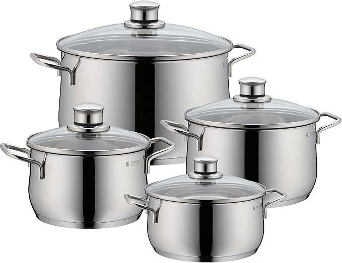 WMF Pot Set 4-Piece Diadem Plus Pouring Rim Glass Lid Cromargan® Stainless Steel Polished Suitable for Induction Hobs Dishwasher-Safe