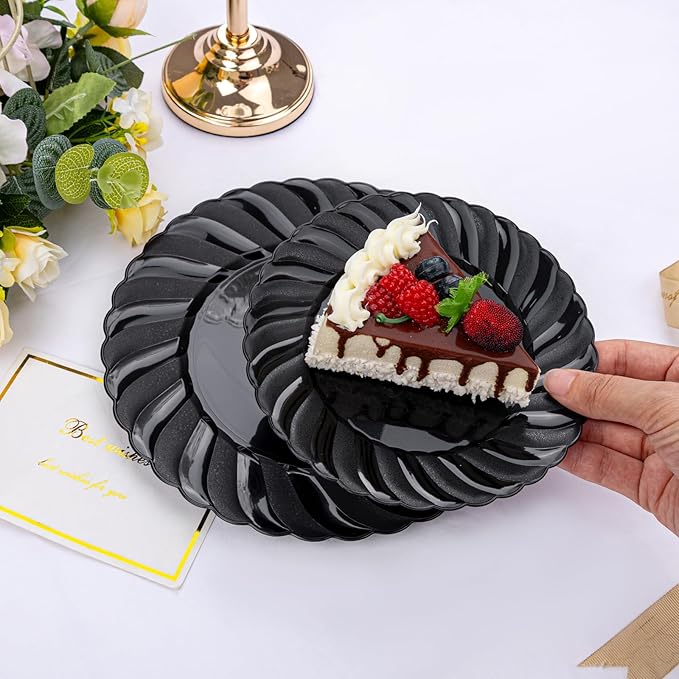 U-QE 100PCS Black Plastic Plates Heavy Duty Black Disposable Plates Including 50PCS 9inch Dinner Plates &amp 50PCS 6.5inch Dessert Plates -Hard Plastic Plates for Party Wedding Bridal Shower