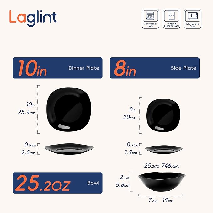 Square Dinnerware Sets for 4 12 Pieces Opal Glass Plates and Bowls Set Dishwasher and Microwave Safe Dish Dinning Ware Set Chip and Scratch Resistant Dishware Sets Black