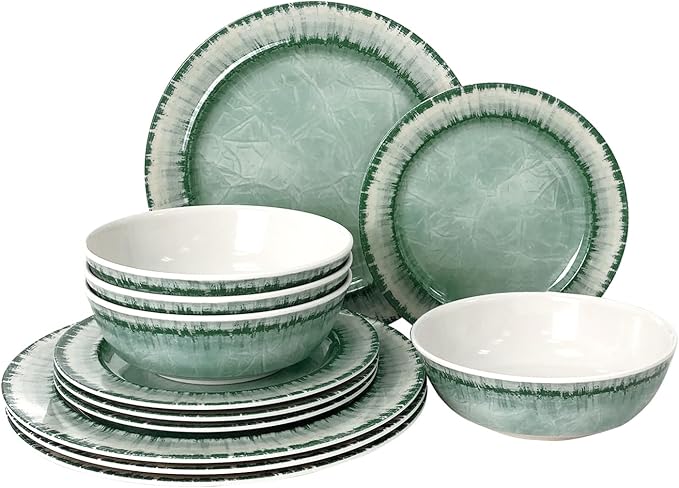 AELS Melamine Dinnerware Set of 12 Pcs Dinner Dishes Set for Indoor and Outdoor Use Dishwasher Safe Lightweight Unbreakable BPA Free Sage Green