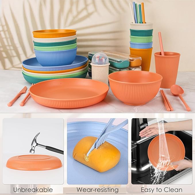 66pcs Unbreakable Tableware Sets for 6 People Plastic Plates and Bowls SetLightweight Plastic Reusable Plates Bowls CupsCutlery Set Straw ForksChildren Dinnerware Set
