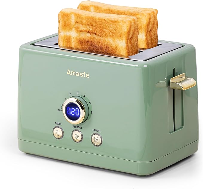 2 Slice Toaster Retro Bread Toaster with LED Display Extra Wide Slots Toasters with 6 Bread Shade Settings Bagel Cancel Defrost Function Stainless Steel with High Lift Lever Removal Crumb Tray