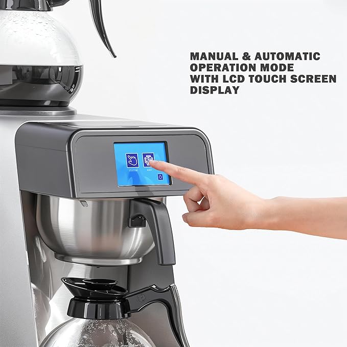 12-Cup Commercial Drip Coffee Maker 1.8L Auto Filling Pour Over Coffee Machine with 2 Glass Carafes 2 Warmers LCD Panel Automatic Stainless Steel Coffee Brewer for Cofe Bar and Restaurant