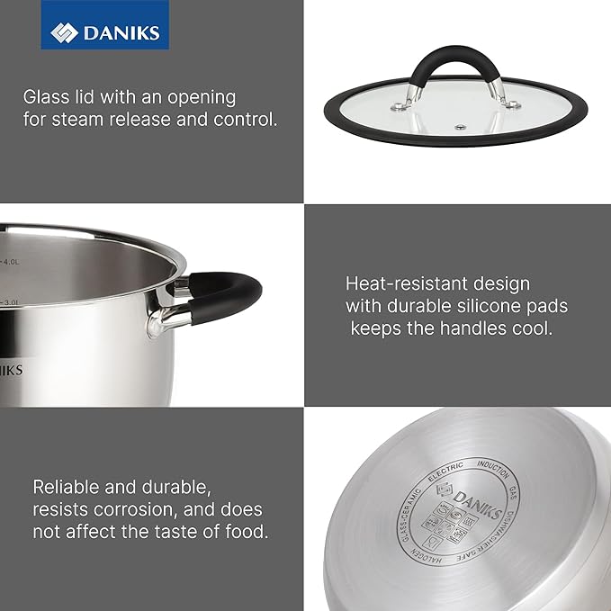 Daniks Orlando 10-Piece Stainless Steel Cookware Set with Glass Lids Includes Saucepan Tri-Ply Bases for Even Heating Induction Compatible Dishwasher Safe Heatproof Handles