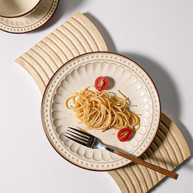 Vintage Ceramic Dinnerware Sets for 4 Farmhouse Style 20-Piece Plates and Mugs Beige Brown Rustic Embossed Stripe Design Dishwasher Microwave Safe