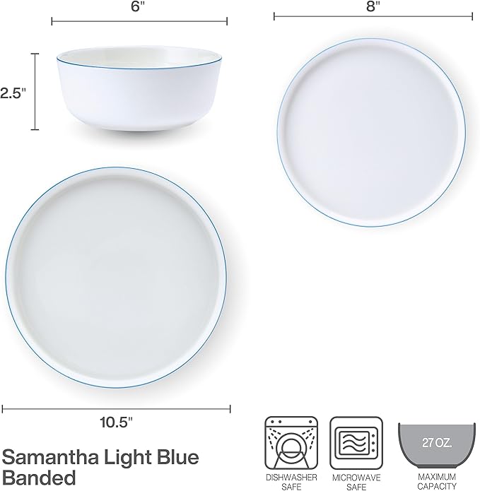 Mikasa Samantha 12 Piece Bone China Dinnerware Set Service for 4 Flat Plates and Bowl with Blue Rim Chip-Resistant Lightweight Elegant and Durable White