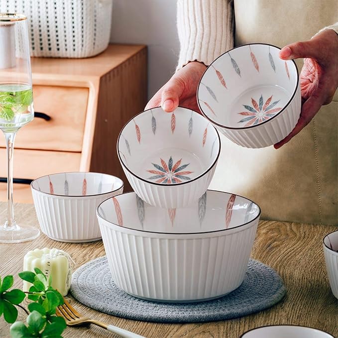 New Dinnerware SetsCeramics Dinner Sets 54 Pieces Vertical Lines Cereal Bowl And Steak Plate Set - Porcelain Japanese Style Dinnerware Set For Family Gathering