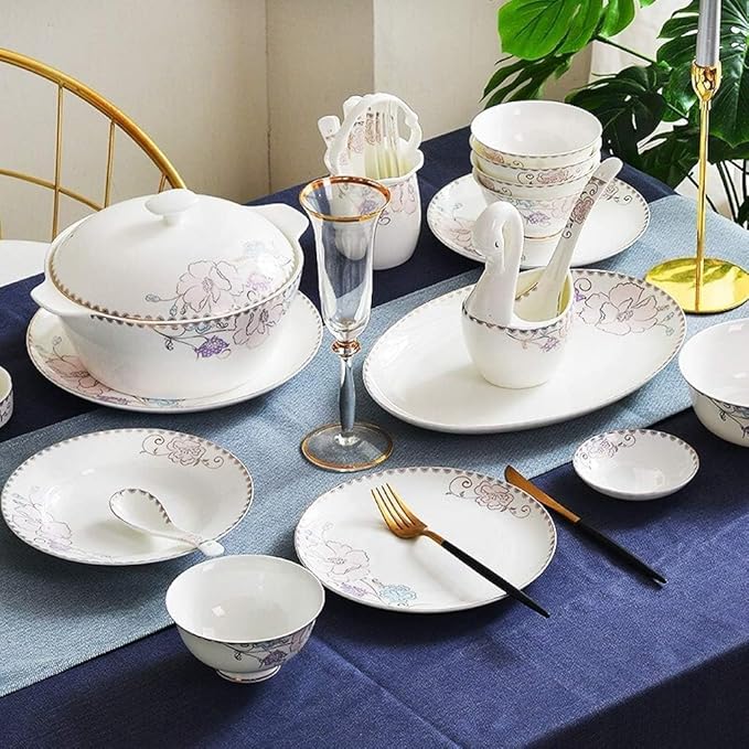 Dinnerware Set Dinner Set Plates and Bowls Set Bowl/Dish/Soup Pot/Spoon|Bone China Dinner SetsPurple Flower Pattern Porcelain Combination Set(