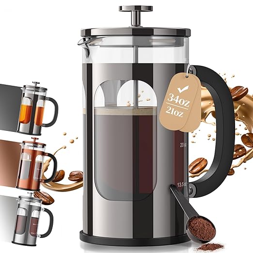 Veken French Press Coffee Maker 34oz No Plastic Touching CafeThickened Glass Stainless Steel Brewer Cold Brew Cafetera Tea pot for Kitchen Travel Camping Gifts Decor Bar Accessories Dark Pewter