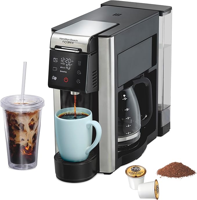 Hamilton Beach FlexBrew Advanced 5-in-1 Programmable 12 Cup Drip and Single Serve Hot &amp Iced Coffee Maker with Movable 60 oz. Water Reservoir Use Pod Packs and Grounds Fast Brewing Black (49924