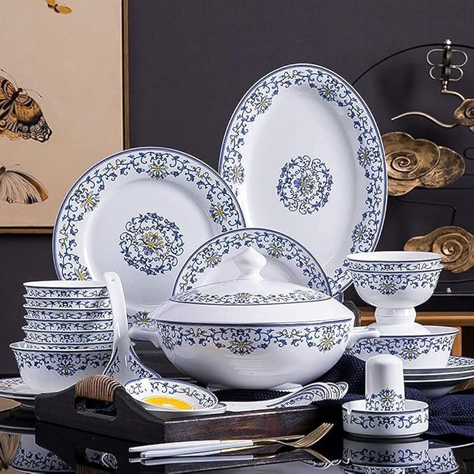 Ceramics Dinner Sets 58 Pieces Dinnerware Set Blue and White Porcelain Style Bowl/Spoon/Plate - Family Party and Kitchen Restaurant