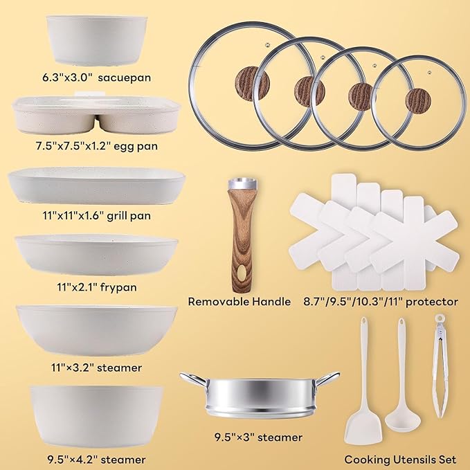 Pots and Pans Set Induction Cookware Kitchen Set for Cooking on Stove Nonstick Kitchen Cookware Set Frying Pans with Glass Lid and Detachable Handle 17 Pcs Milky White