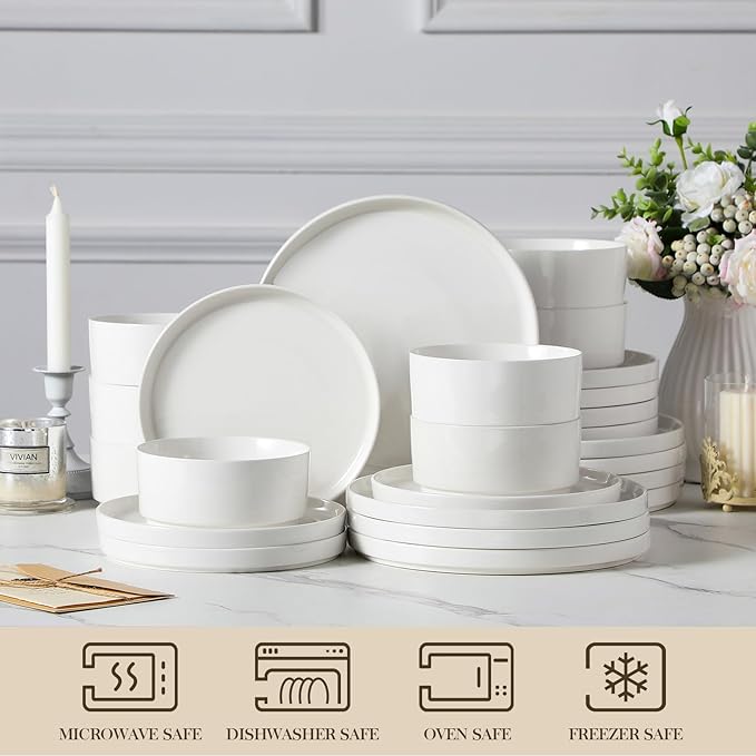 MALACASA 24 Pieces Porcelain Dinnerware Set Bundles 42 OZ White Pasta Bowls Set of 4